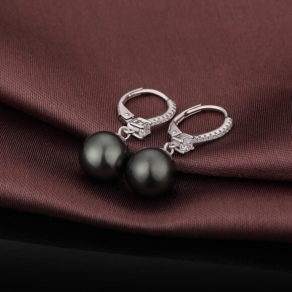 18K White Gold Plated Pearl Earrings for Women,, Cubic Zirconia Pearl Diamond - Picture 4 of 6